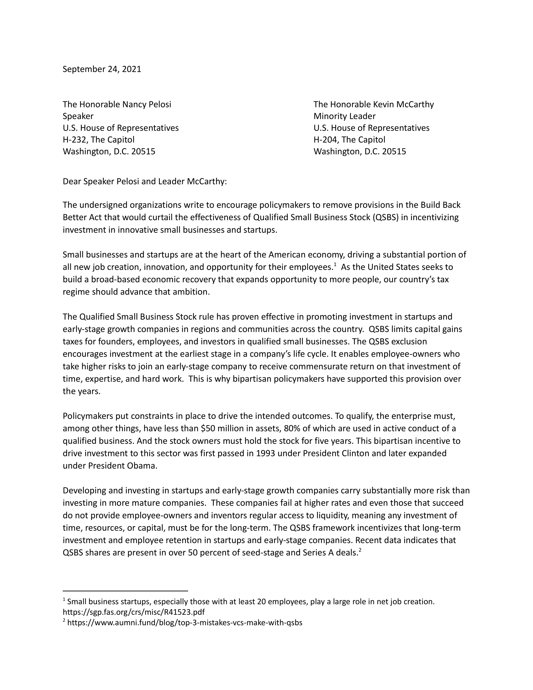 Sign On Letter Congress Should Protect Innovation by Preserving QSBS